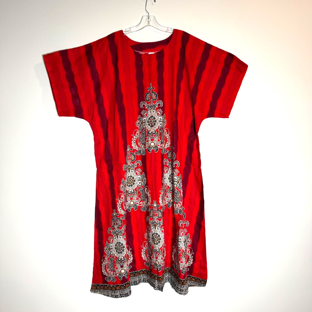 E.C. Batik Kaftan Dress Cover Up Womens Red Stripe Short Sleeve Zip Close Lounge